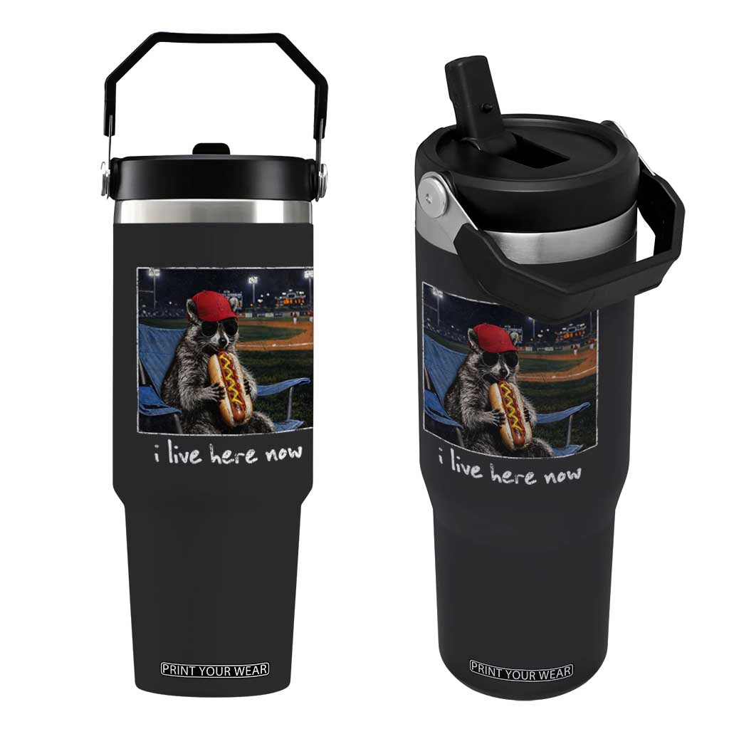 Baseball Raccoon I Live Here Now Flip Straw Tumbler Funny Trash Panda Eating Hot Dog Ballfield TS11 One Size: 30 oz Black Print Your Wear