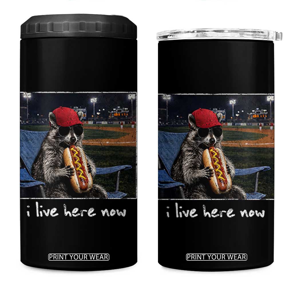 Baseball Raccoon I Live Here Now 4 in 1 Can Cooler Tumbler Funny Trash Panda Eating Hot Dog Ballfield TS11 One Size: 16 oz Black Print Your Wear