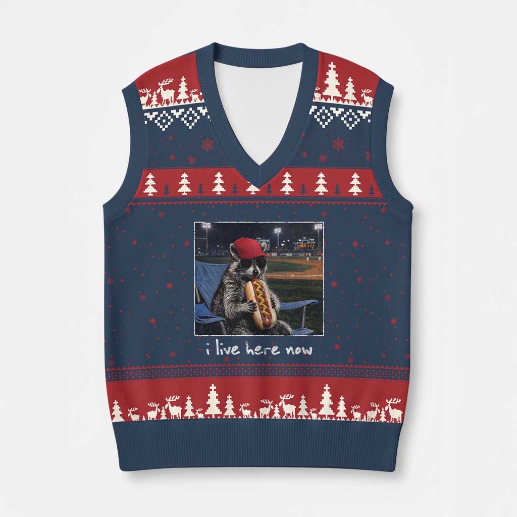 Baseball Raccoon I Live Here Now V-Neck Knit Sweater Vest Funny Trash Panda Eating Hot Dog Ballfield TS11 Navy Red Print Your Wear