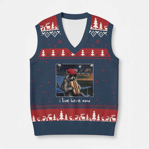 Baseball Raccoon I Live Here Now V-Neck Knit Sweater Vest Funny Trash Panda Eating Hot Dog Ballfield TS11 Navy Red Print Your Wear