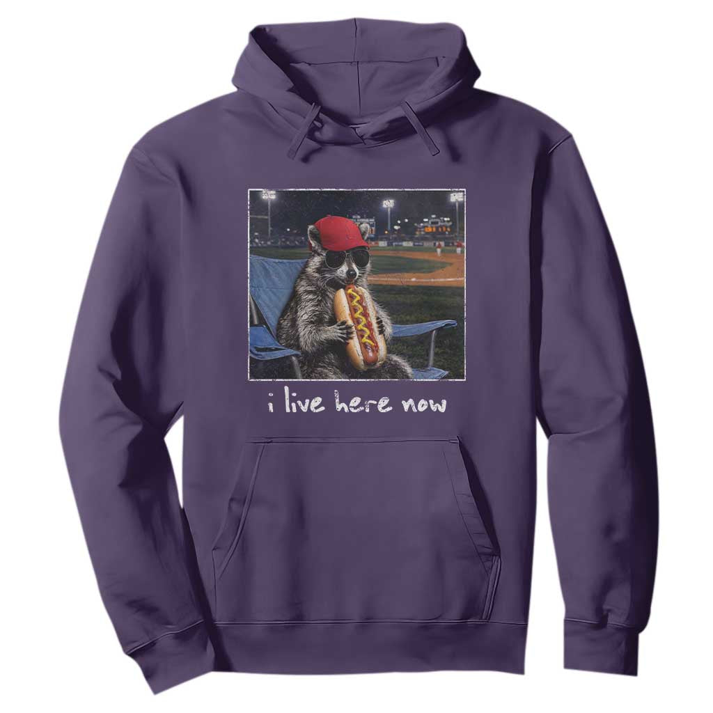 Baseball Raccoon I Live Here Now Hoodie Funny Trash Panda Eating Hot Dog Ballfield TS11 Purple Print Your Wear