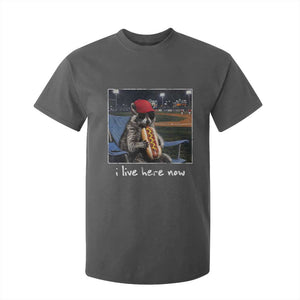 Baseball Raccoon I Live Here Now T Shirt For Kid Funny Trash Panda Eating Hot Dog Ballfield TS11 Dark Heather Print Your Wear