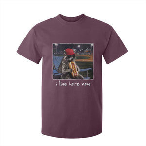 Baseball Raccoon I Live Here Now T Shirt For Kid Funny Trash Panda Eating Hot Dog Ballfield TS11 Maroon Print Your Wear