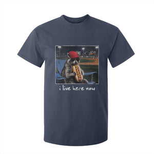Baseball Raccoon I Live Here Now T Shirt For Kid Funny Trash Panda Eating Hot Dog Ballfield TS11 Navy Print Your Wear