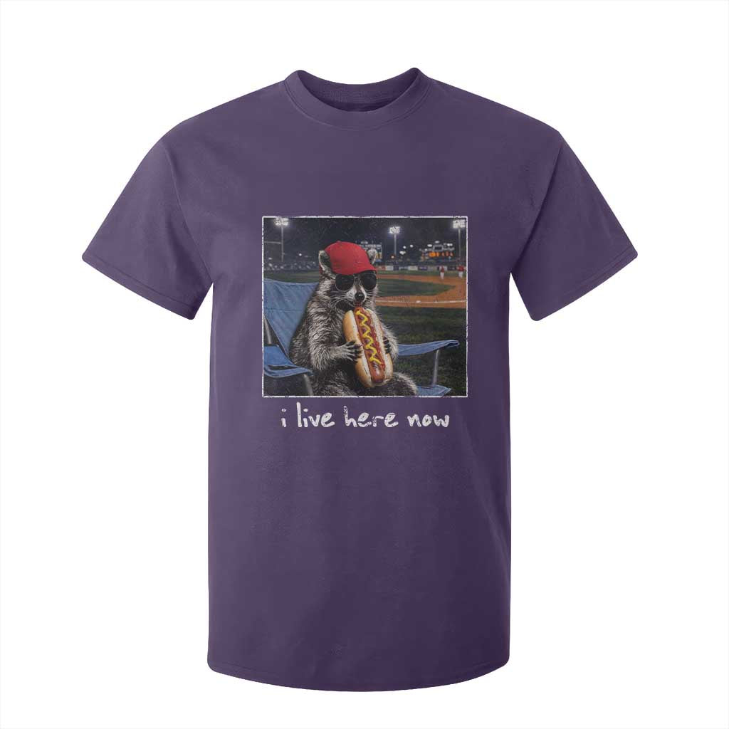 Baseball Raccoon I Live Here Now T Shirt For Kid Funny Trash Panda Eating Hot Dog Ballfield TS11 Purple Print Your Wear