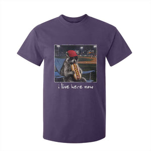 Baseball Raccoon I Live Here Now T Shirt For Kid Funny Trash Panda Eating Hot Dog Ballfield TS11 Purple Print Your Wear