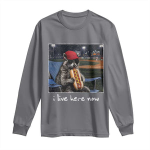 Baseball Raccoon I Live Here Now Long Sleeve Shirt Funny Trash Panda Eating Hot Dog Ballfield TS11 Charcoal Print Your Wear