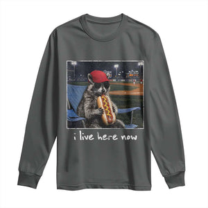 Baseball Raccoon I Live Here Now Long Sleeve Shirt Funny Trash Panda Eating Hot Dog Ballfield TS11 Dark Heather Print Your Wear