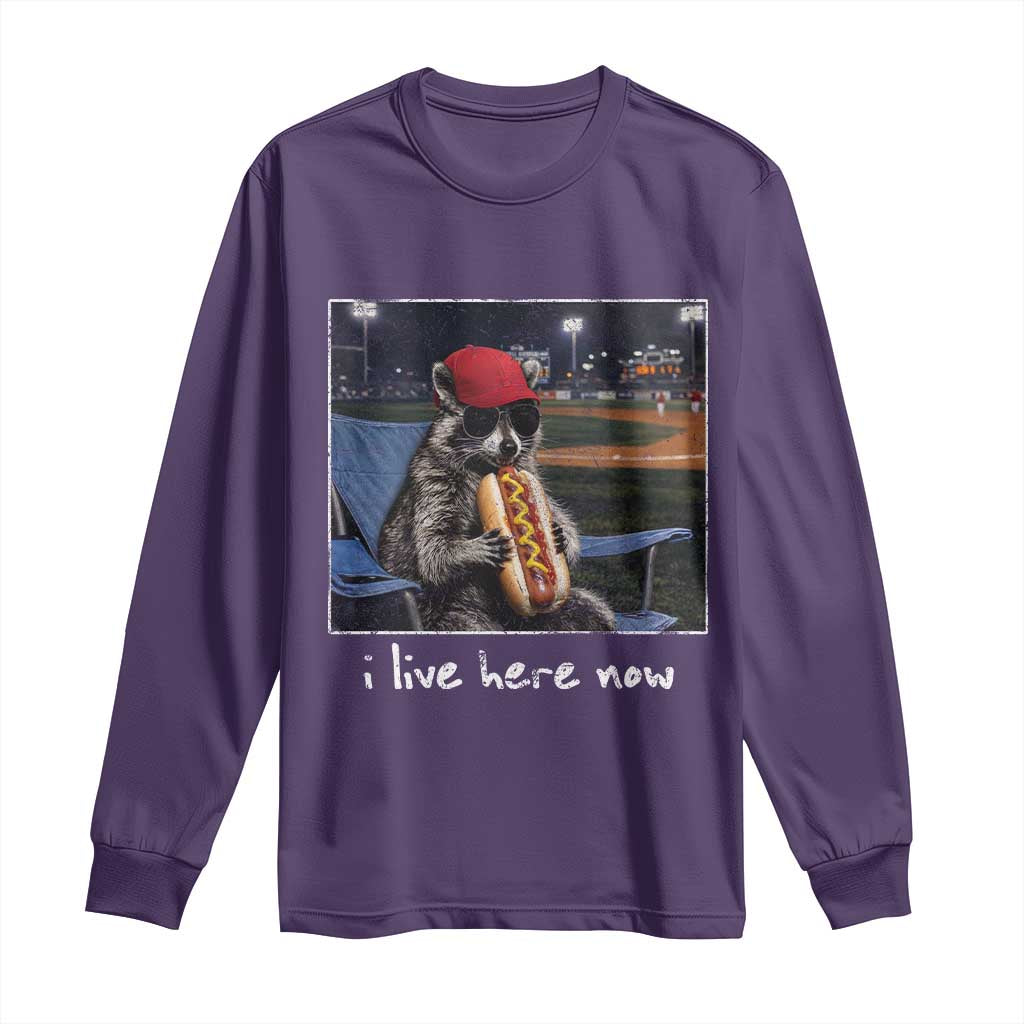 Baseball Raccoon I Live Here Now Long Sleeve Shirt Funny Trash Panda Eating Hot Dog Ballfield TS11 Purple Print Your Wear