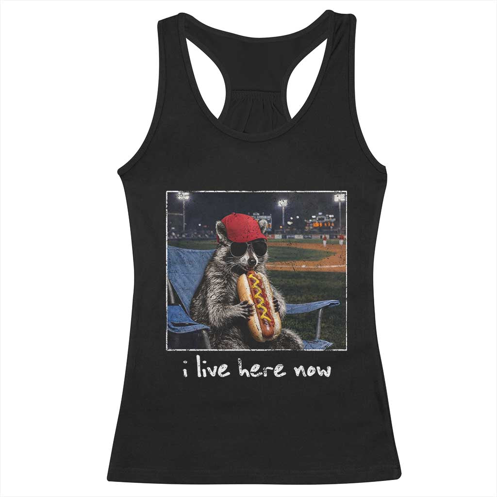 Baseball Raccoon I Live Here Now Racerback Tank Top Funny Trash Panda Eating Hot Dog Ballfield TS11 Black Print Your Wear