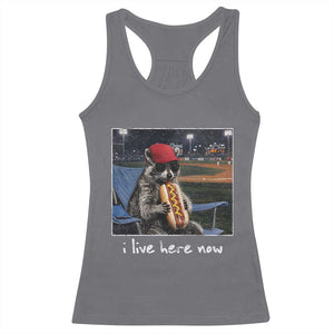 Baseball Raccoon I Live Here Now Racerback Tank Top Funny Trash Panda Eating Hot Dog Ballfield TS11 Charcoal Print Your Wear