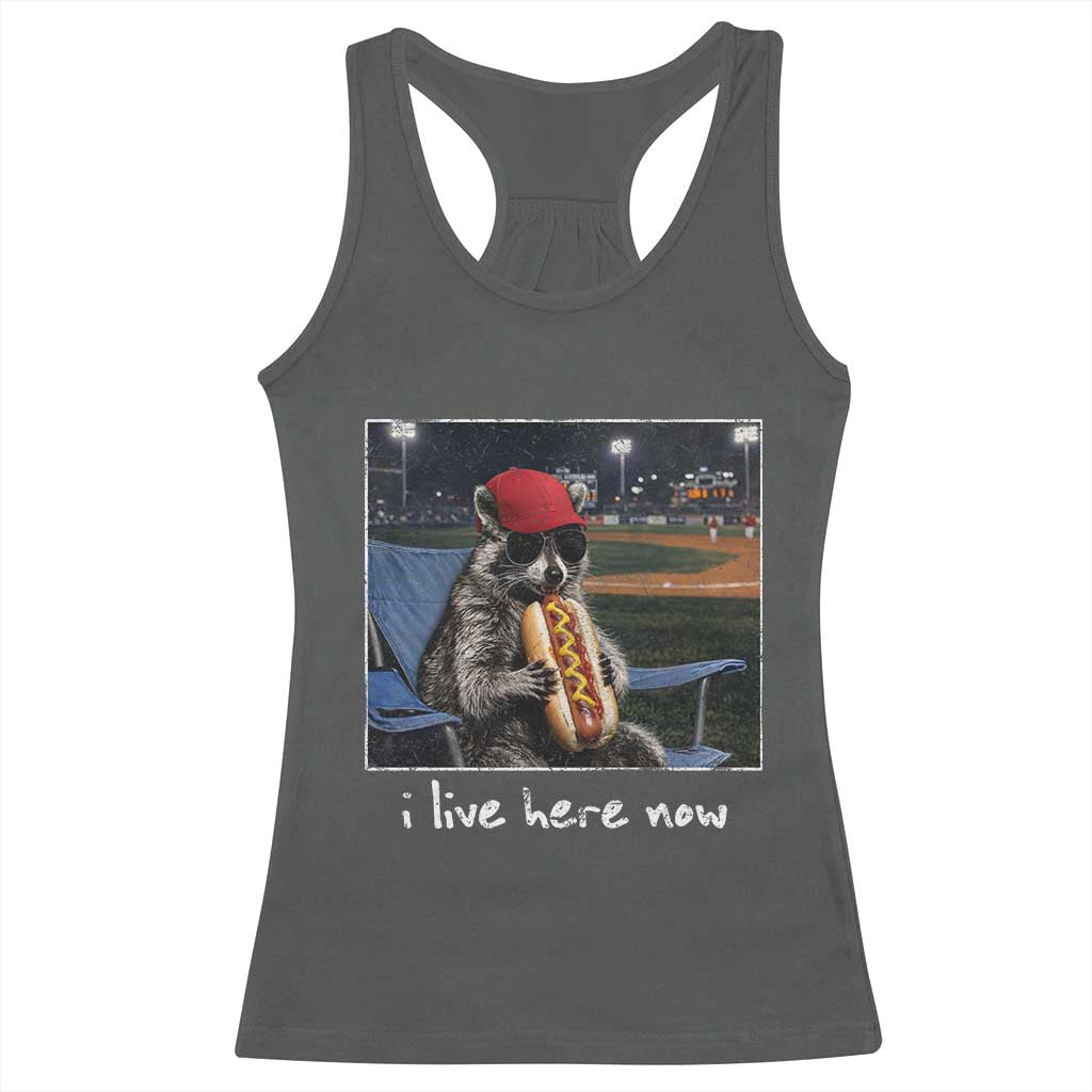 Baseball Raccoon I Live Here Now Racerback Tank Top Funny Trash Panda Eating Hot Dog Ballfield TS11 Dark Heather Print Your Wear