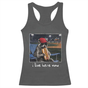 Baseball Raccoon I Live Here Now Racerback Tank Top Funny Trash Panda Eating Hot Dog Ballfield TS11 Dark Heather Print Your Wear
