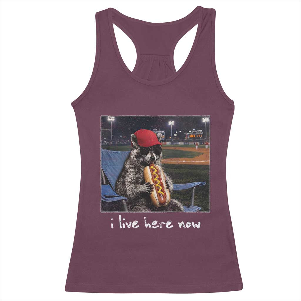 Baseball Raccoon I Live Here Now Racerback Tank Top Funny Trash Panda Eating Hot Dog Ballfield TS11 Maroon Print Your Wear