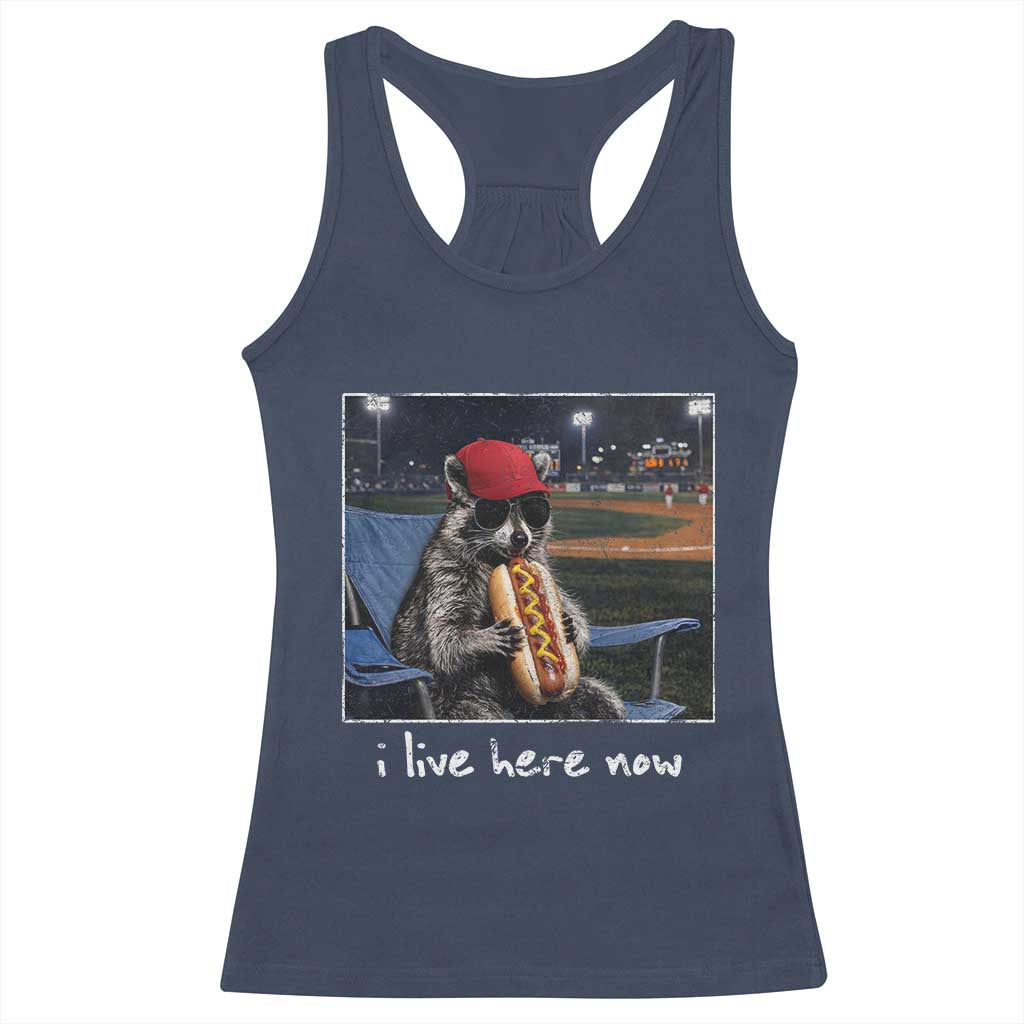 Baseball Raccoon I Live Here Now Racerback Tank Top Funny Trash Panda Eating Hot Dog Ballfield TS11 Navy Print Your Wear