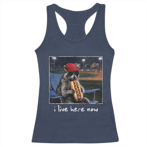 Baseball Raccoon I Live Here Now Racerback Tank Top Funny Trash Panda Eating Hot Dog Ballfield TS11 Navy Print Your Wear