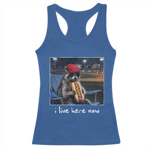 Baseball Raccoon I Live Here Now Racerback Tank Top Funny Trash Panda Eating Hot Dog Ballfield TS11 Royal Blue Print Your Wear