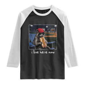 Baseball Raccoon I Live Here Now Raglan Shirt Funny Trash Panda Eating Hot Dog Ballfield TS11 Black White Print Your Wear
