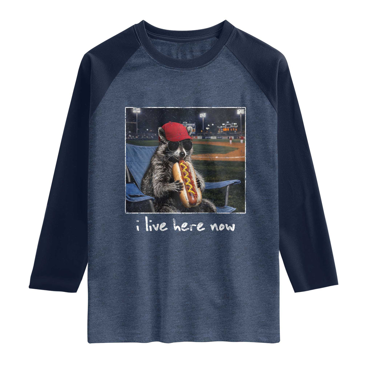 Baseball Raccoon I Live Here Now Raglan Shirt Funny Trash Panda Eating Hot Dog Ballfield TS11 Heather Denim Navy Print Your Wear
