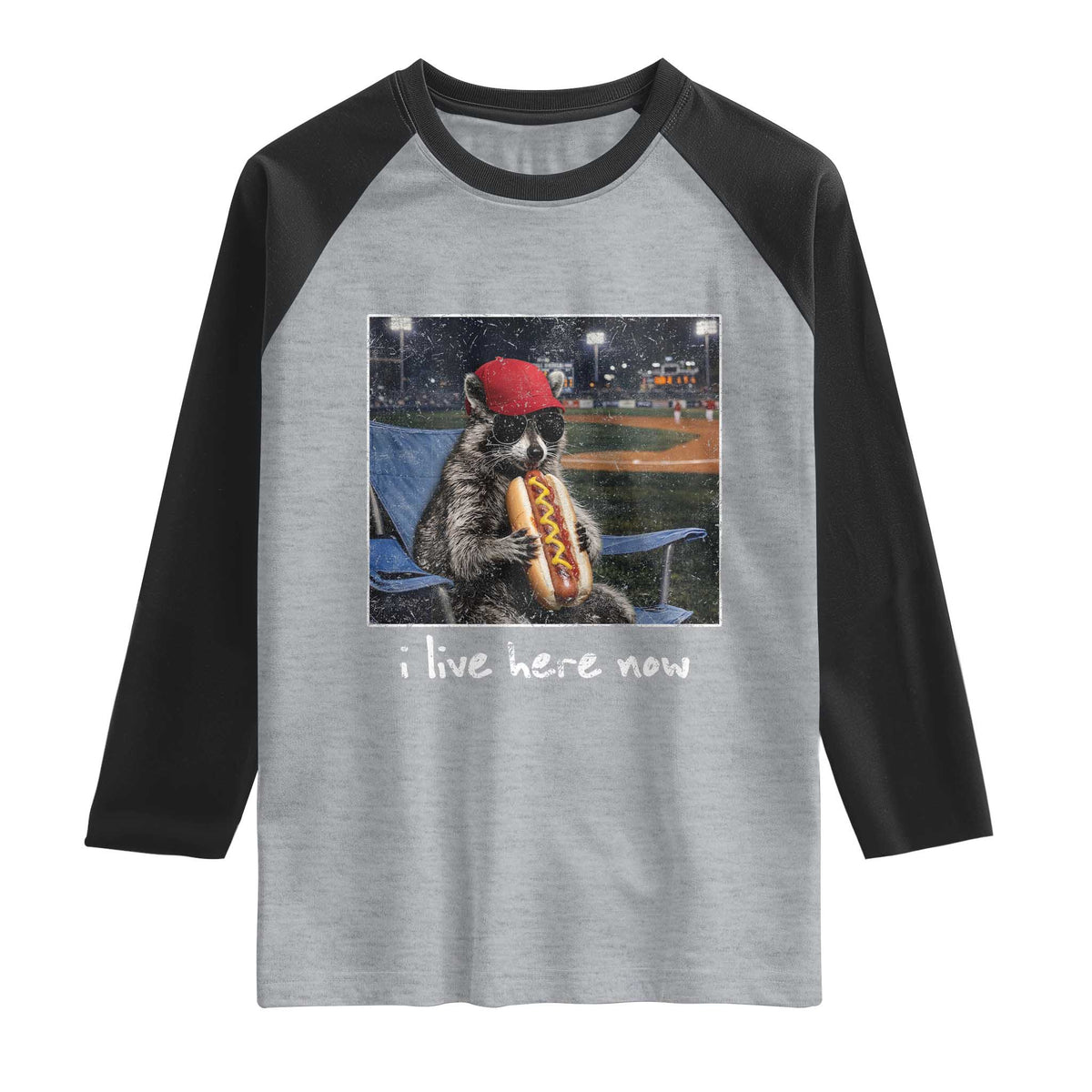 Baseball Raccoon I Live Here Now Raglan Shirt Funny Trash Panda Eating Hot Dog Ballfield TS11 Heather Gray Black Print Your Wear