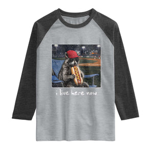 Baseball Raccoon I Live Here Now Raglan Shirt Funny Trash Panda Eating Hot Dog Ballfield TS11 Heather Gray Heather Charcoal Print Your Wear
