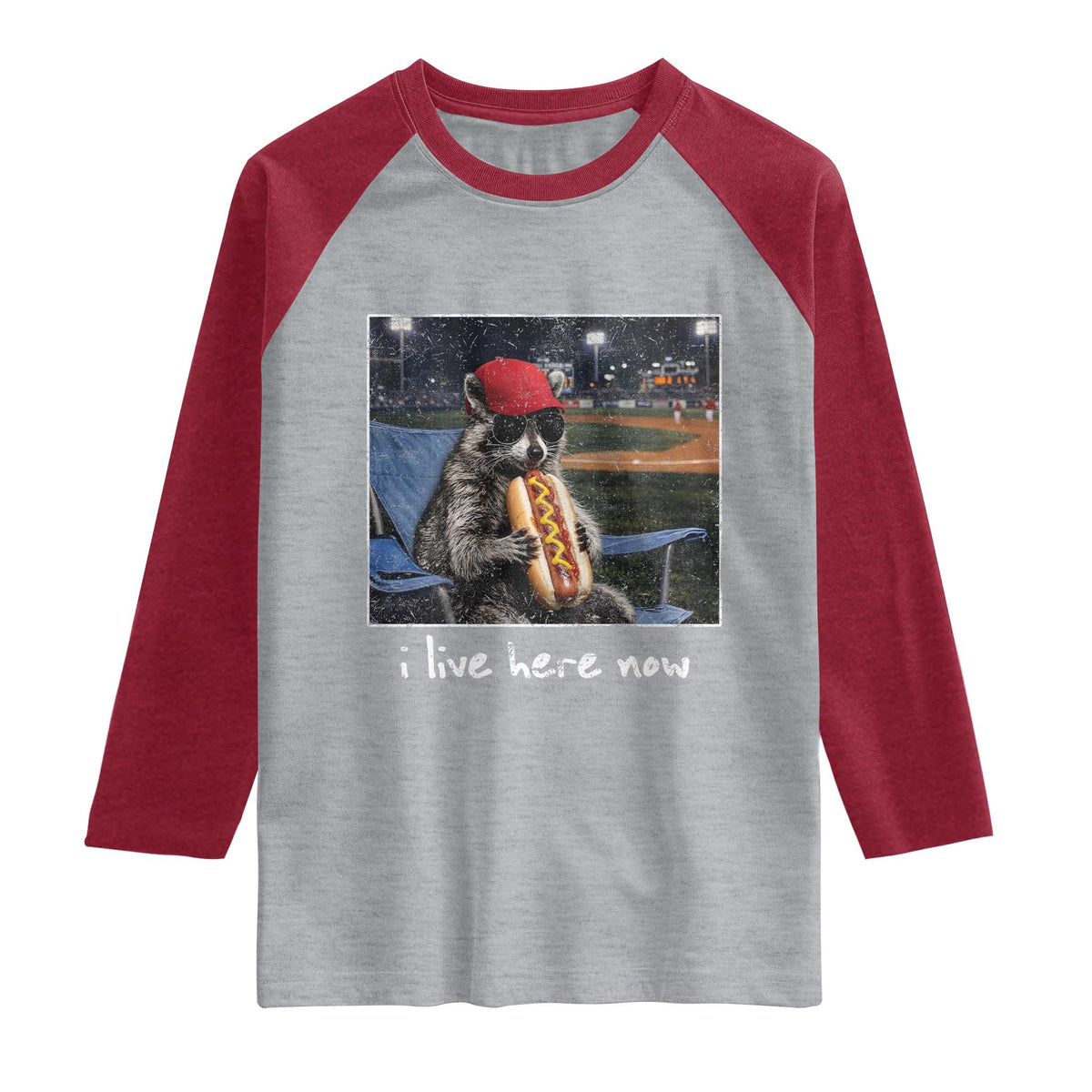 Baseball Raccoon I Live Here Now Raglan Shirt Funny Trash Panda Eating Hot Dog Ballfield TS11 Heather Gray Heather Red Print Your Wear
