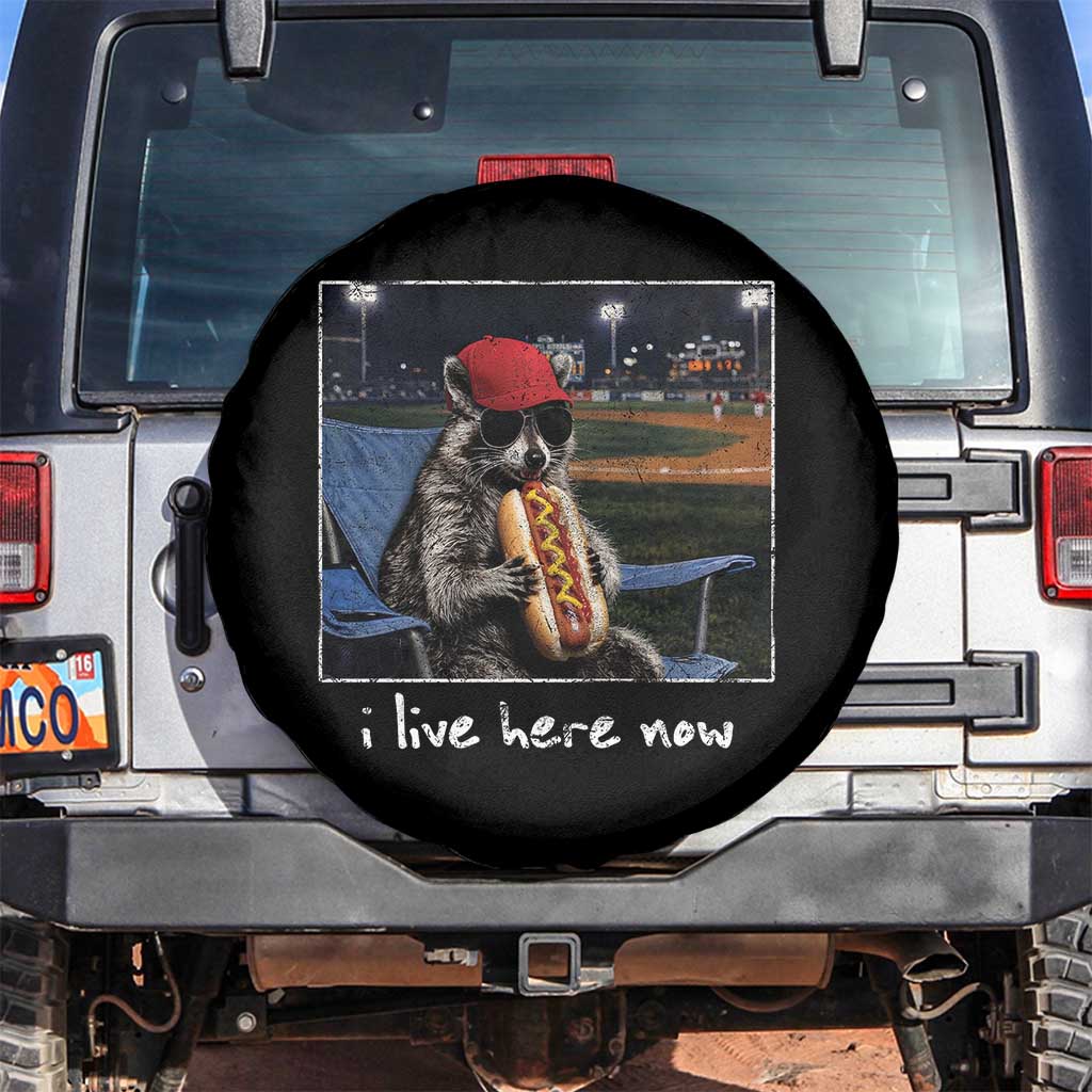 Baseball Raccoon I Live Here Now Spare Tire Cover Funny Trash Panda Eating Hot Dog Ballfield TS11 No hole Black Print Your Wear