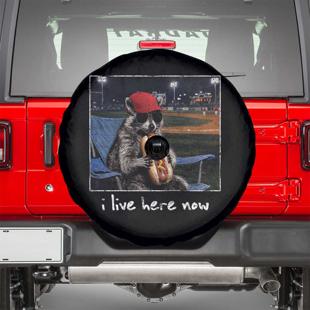 Baseball Raccoon I Live Here Now Spare Tire Cover Funny Trash Panda Eating Hot Dog Ballfield TS11 Black Print Your Wear