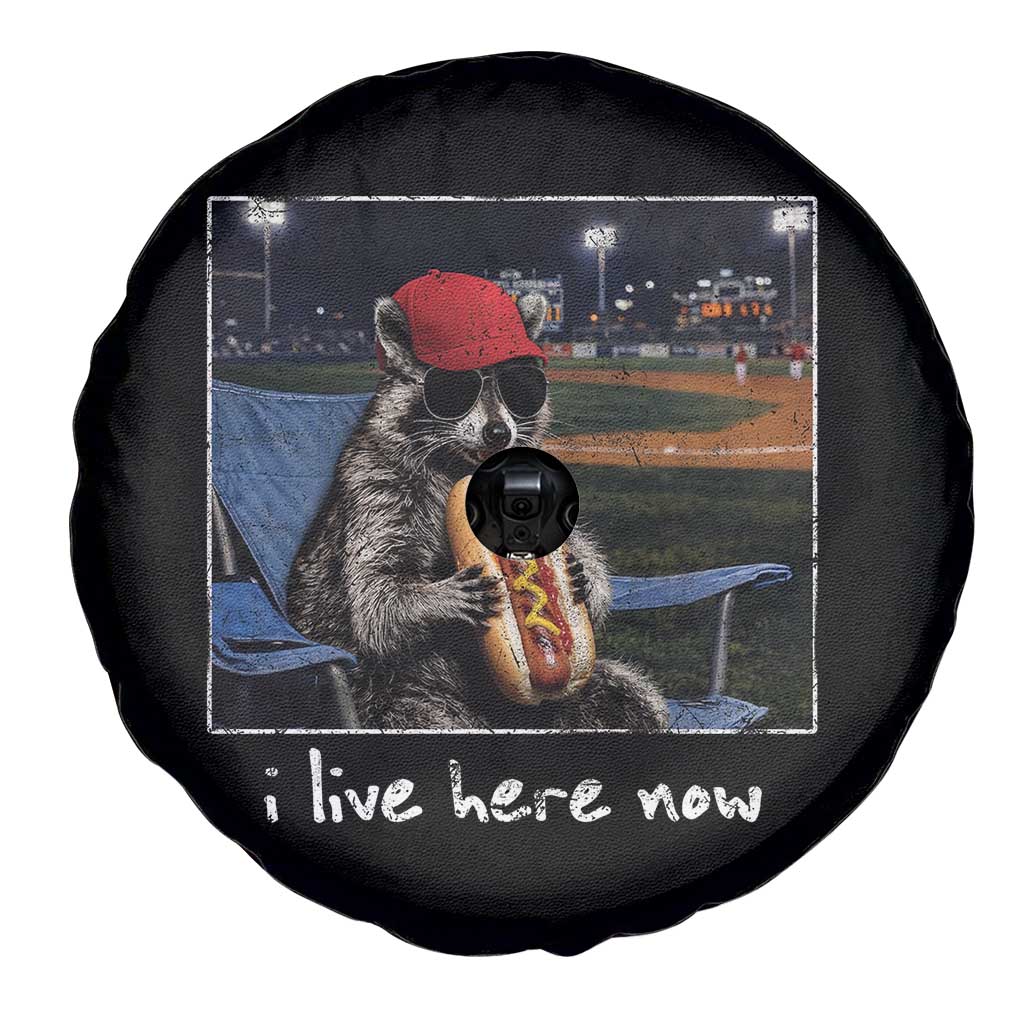 Baseball Raccoon I Live Here Now Spare Tire Cover Funny Trash Panda Eating Hot Dog Ballfield TS11 Print Your Wear
