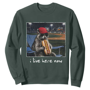 Baseball Raccoon I Live Here Now Sweatshirt Funny Trash Panda Eating Hot Dog Ballfield TS11 Dark Forest Green Print Your Wear