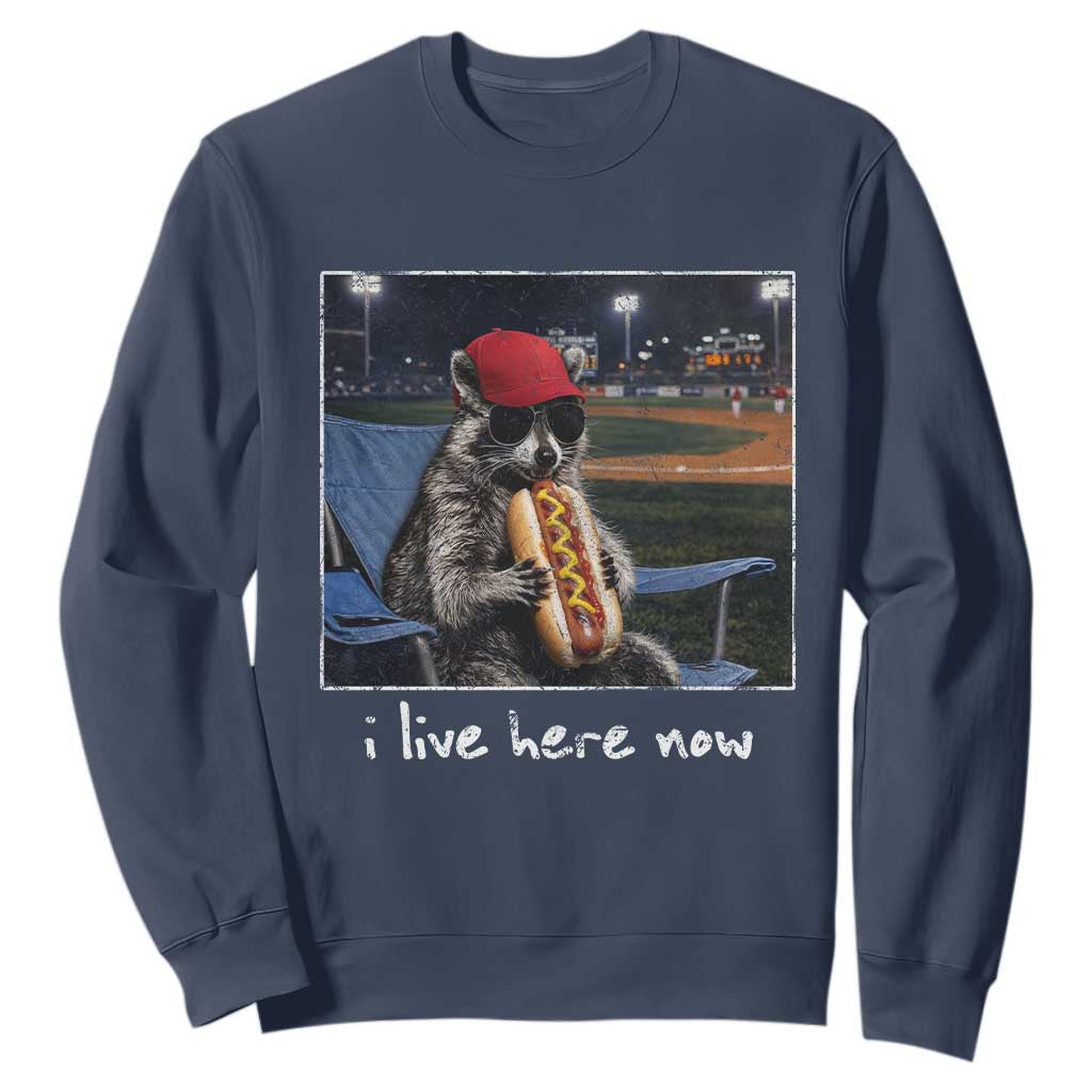 Baseball Raccoon I Live Here Now Sweatshirt Funny Trash Panda Eating Hot Dog Ballfield TS11 Navy Print Your Wear