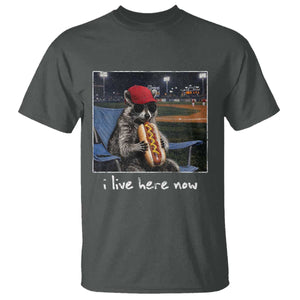 Baseball Raccoon I Live Here Now T Shirt Funny Trash Panda Eating Hot Dog Ballfield TS11 Dark Heather Print Your Wear