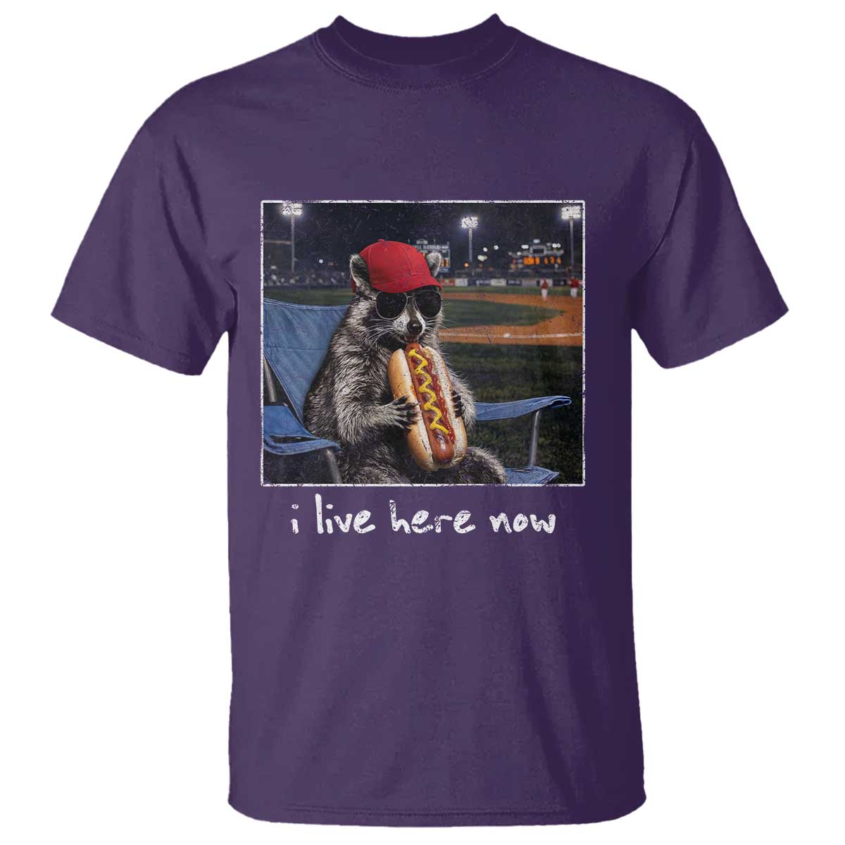 Baseball Raccoon I Live Here Now T Shirt Funny Trash Panda Eating Hot Dog Ballfield TS11 Purple Print Your Wear