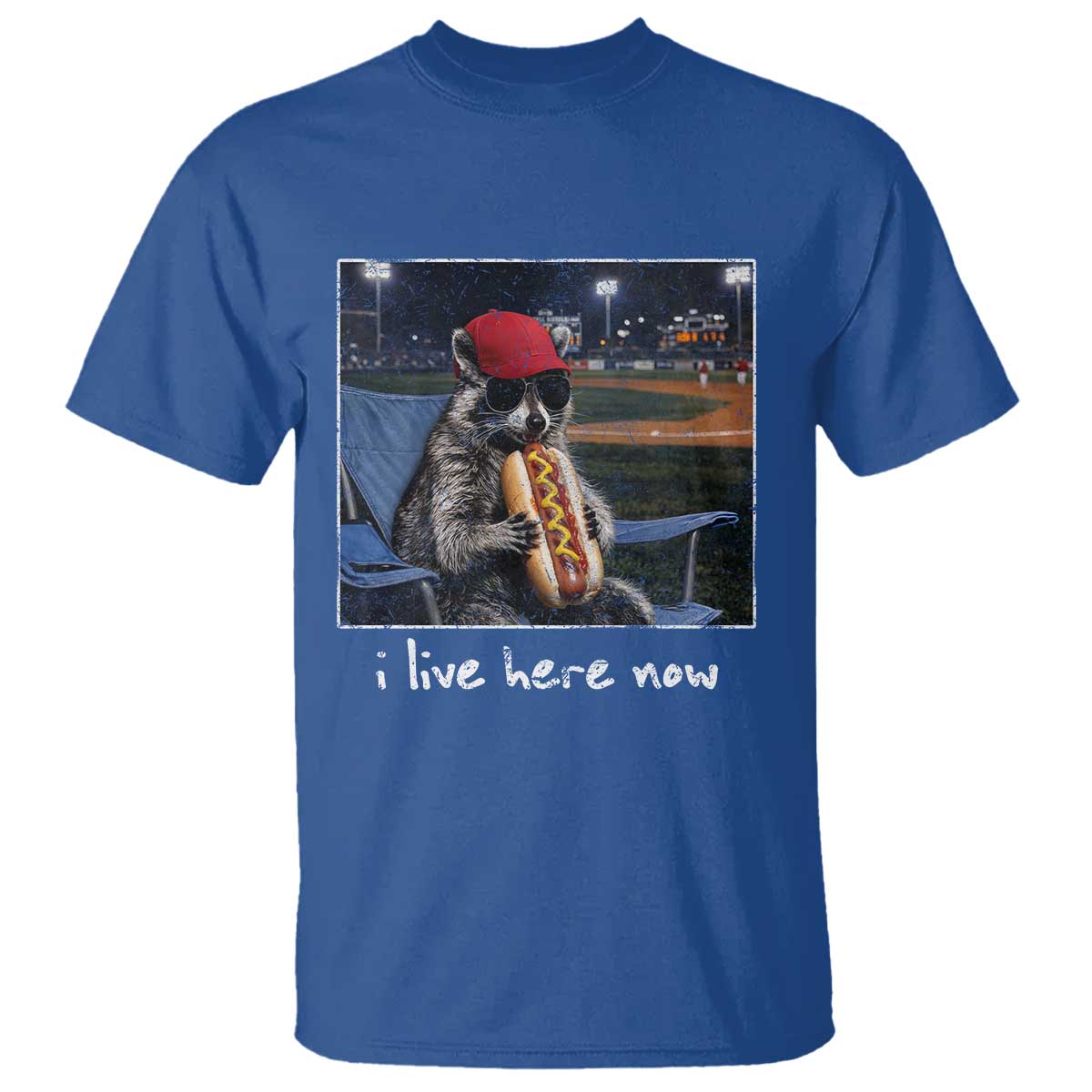 Baseball Raccoon I Live Here Now T Shirt Funny Trash Panda Eating Hot Dog Ballfield TS11 Royal Blue Print Your Wear