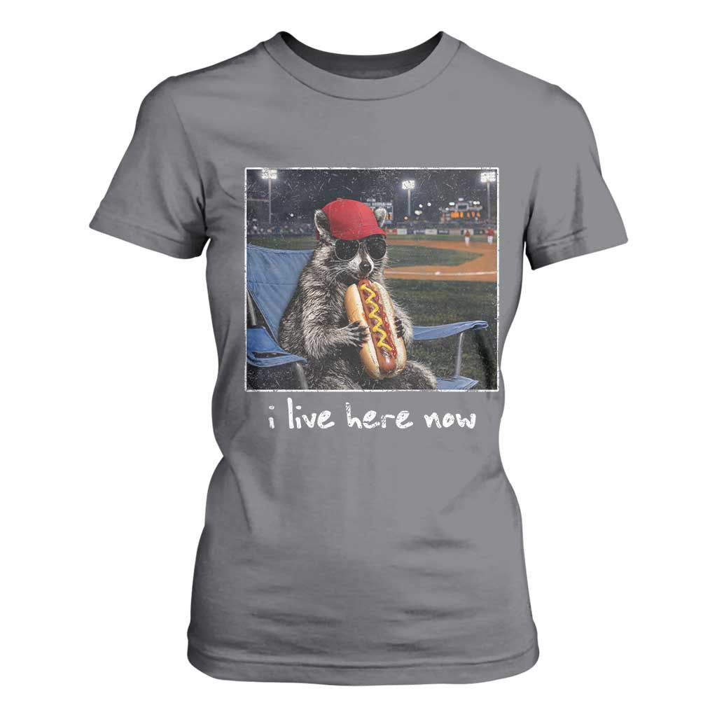 Baseball Raccoon I Live Here Now T Shirt For Women Funny Trash Panda Eating Hot Dog Ballfield TS11 Charcoal Print Your Wear