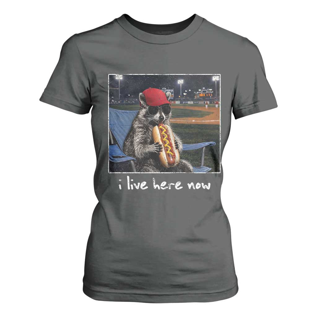 Baseball Raccoon I Live Here Now T Shirt For Women Funny Trash Panda Eating Hot Dog Ballfield TS11 Dark Heather Print Your Wear