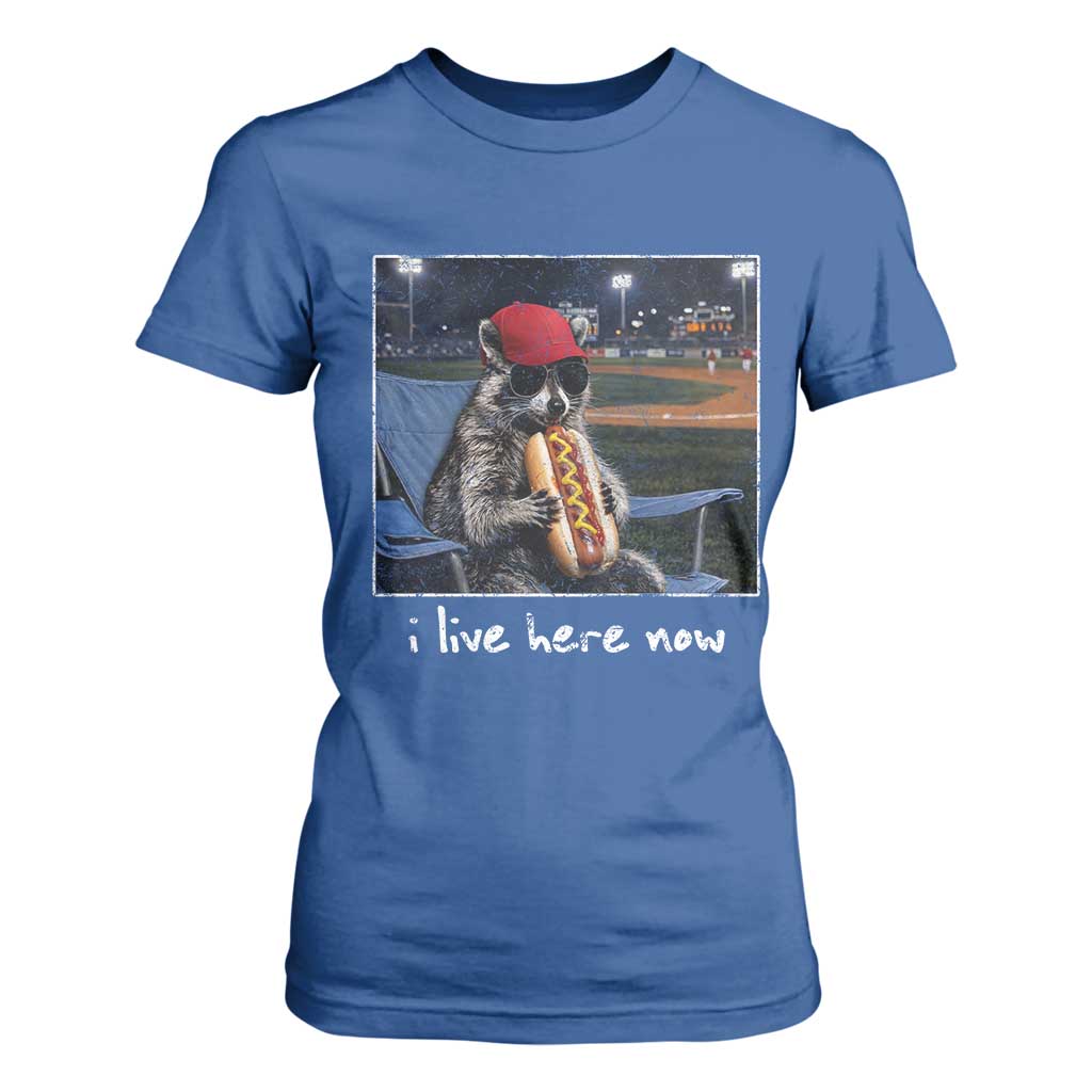 Baseball Raccoon I Live Here Now T Shirt For Women Funny Trash Panda Eating Hot Dog Ballfield TS11 Royal Blue Print Your Wear