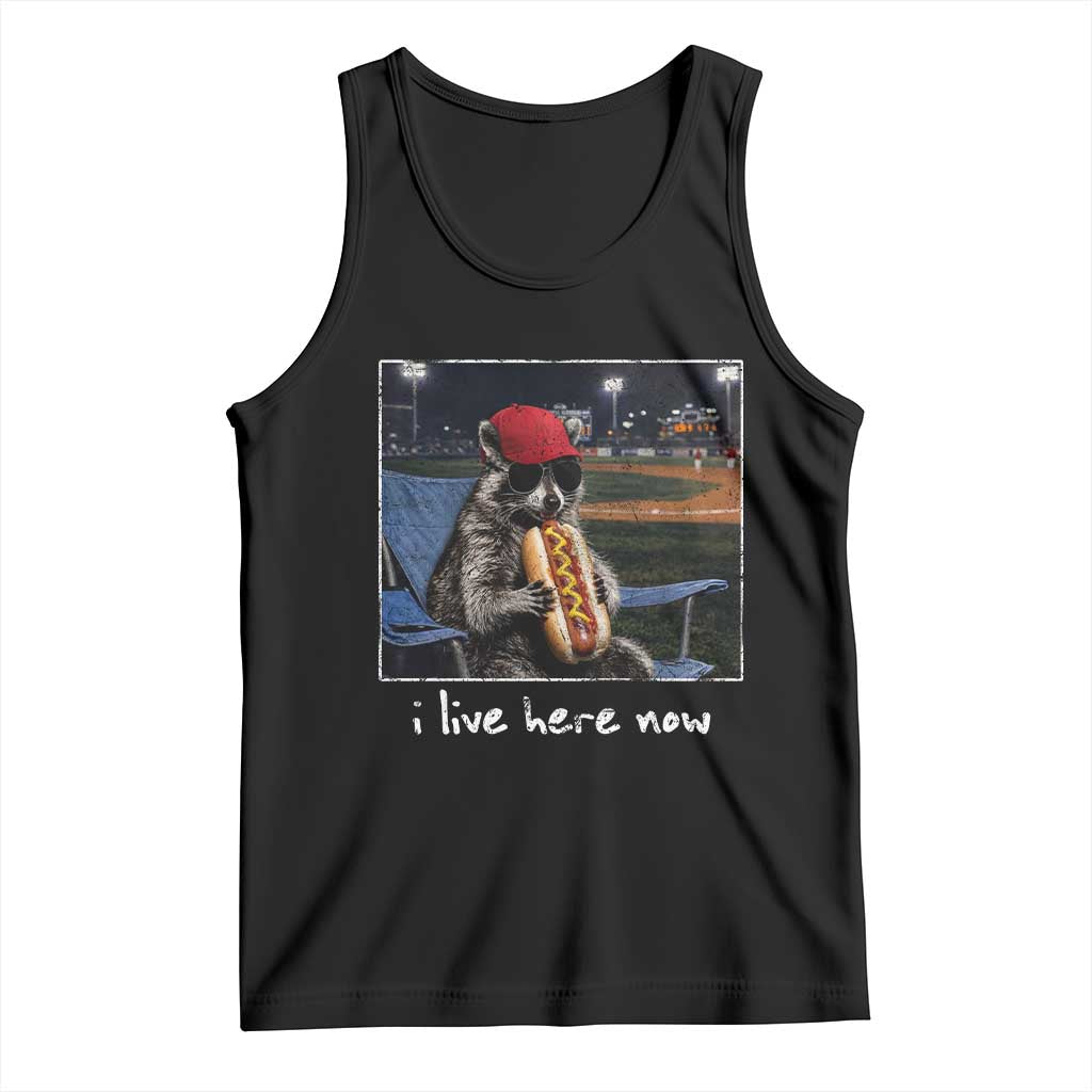 Baseball Raccoon I Live Here Now Tank Top Funny Trash Panda Eating Hot Dog Ballfield TS11 Black Print Your Wear