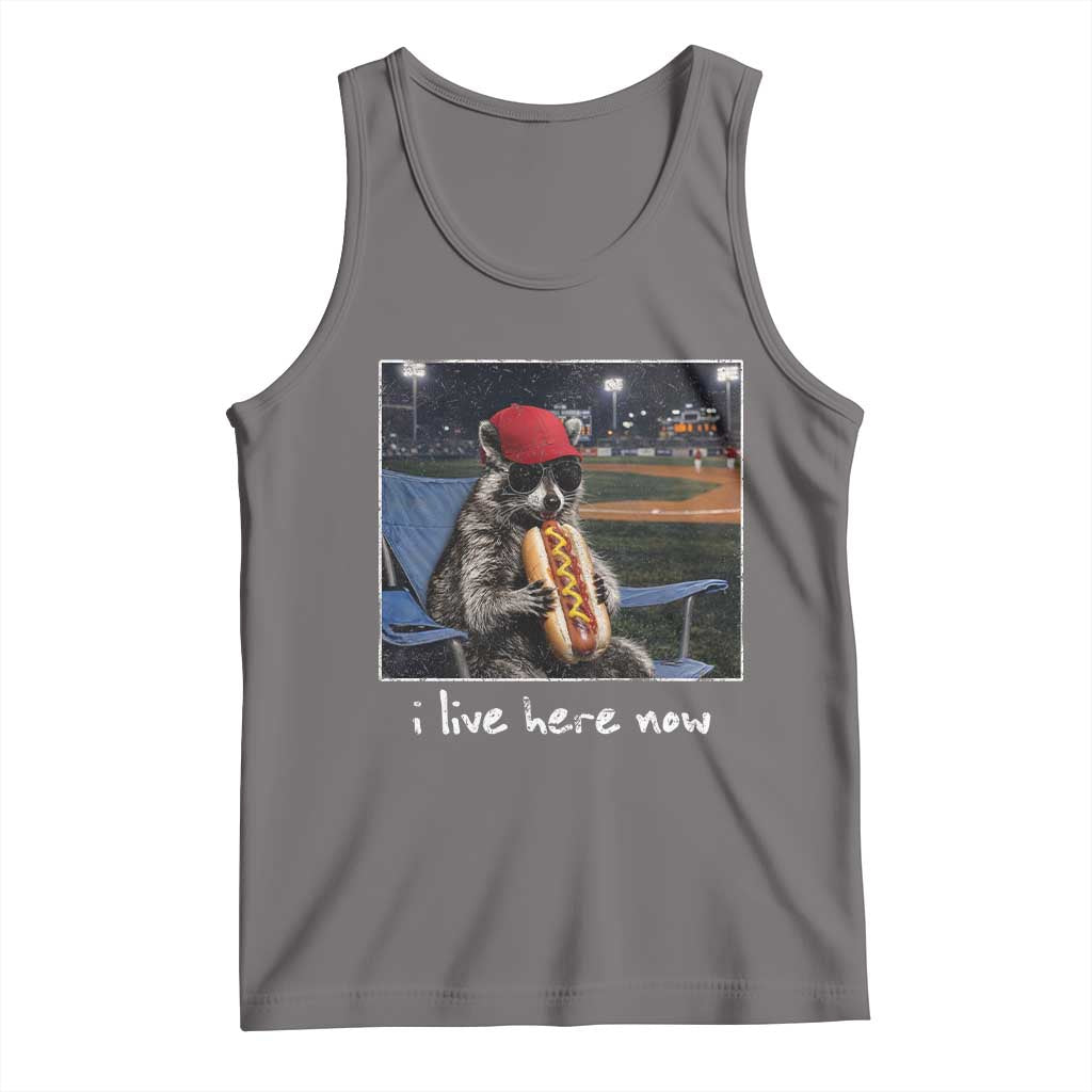 Baseball Raccoon I Live Here Now Tank Top Funny Trash Panda Eating Hot Dog Ballfield TS11 Deep Heather Print Your Wear