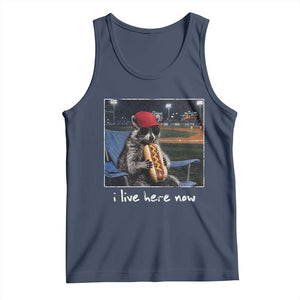 Baseball Raccoon I Live Here Now Tank Top Funny Trash Panda Eating Hot Dog Ballfield TS11 Navy Print Your Wear