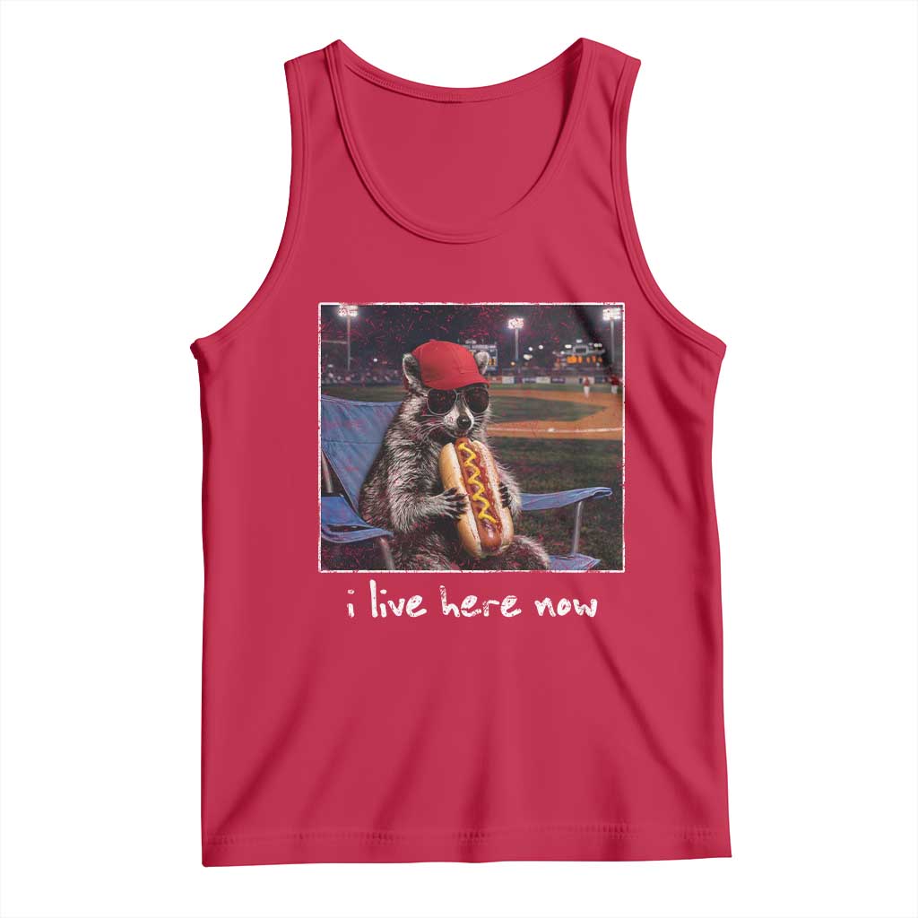 Baseball Raccoon I Live Here Now Tank Top Funny Trash Panda Eating Hot Dog Ballfield TS11 Red Print Your Wear