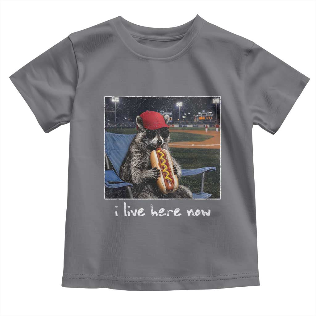Baseball Raccoon I Live Here Now Toddler T Shirt Funny Trash Panda Eating Hot Dog Ballfield TS11 Charcoal Print Your Wear