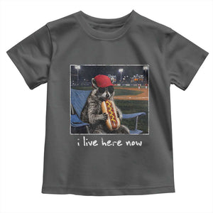 Baseball Raccoon I Live Here Now Toddler T Shirt Funny Trash Panda Eating Hot Dog Ballfield TS11 Dark Heather Print Your Wear