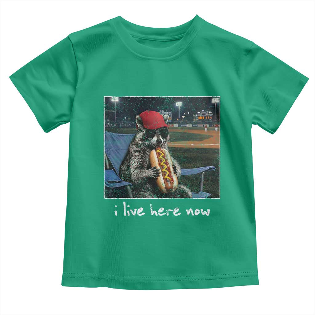 Baseball Raccoon I Live Here Now Toddler T Shirt Funny Trash Panda Eating Hot Dog Ballfield TS11 Irish Green Print Your Wear