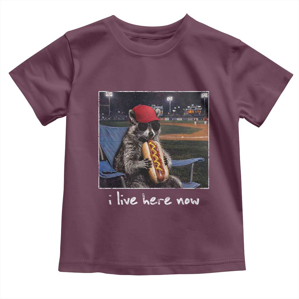 Baseball Raccoon I Live Here Now Toddler T Shirt Funny Trash Panda Eating Hot Dog Ballfield TS11 Maroon Print Your Wear