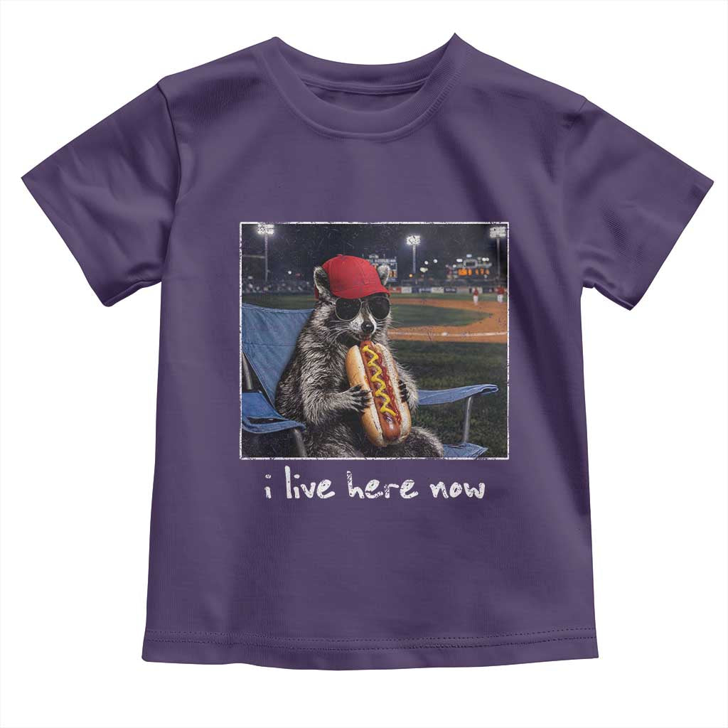 Baseball Raccoon I Live Here Now Toddler T Shirt Funny Trash Panda Eating Hot Dog Ballfield TS11 Purple Print Your Wear