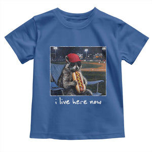 Baseball Raccoon I Live Here Now Toddler T Shirt Funny Trash Panda Eating Hot Dog Ballfield TS11 Royal Blue Print Your Wear
