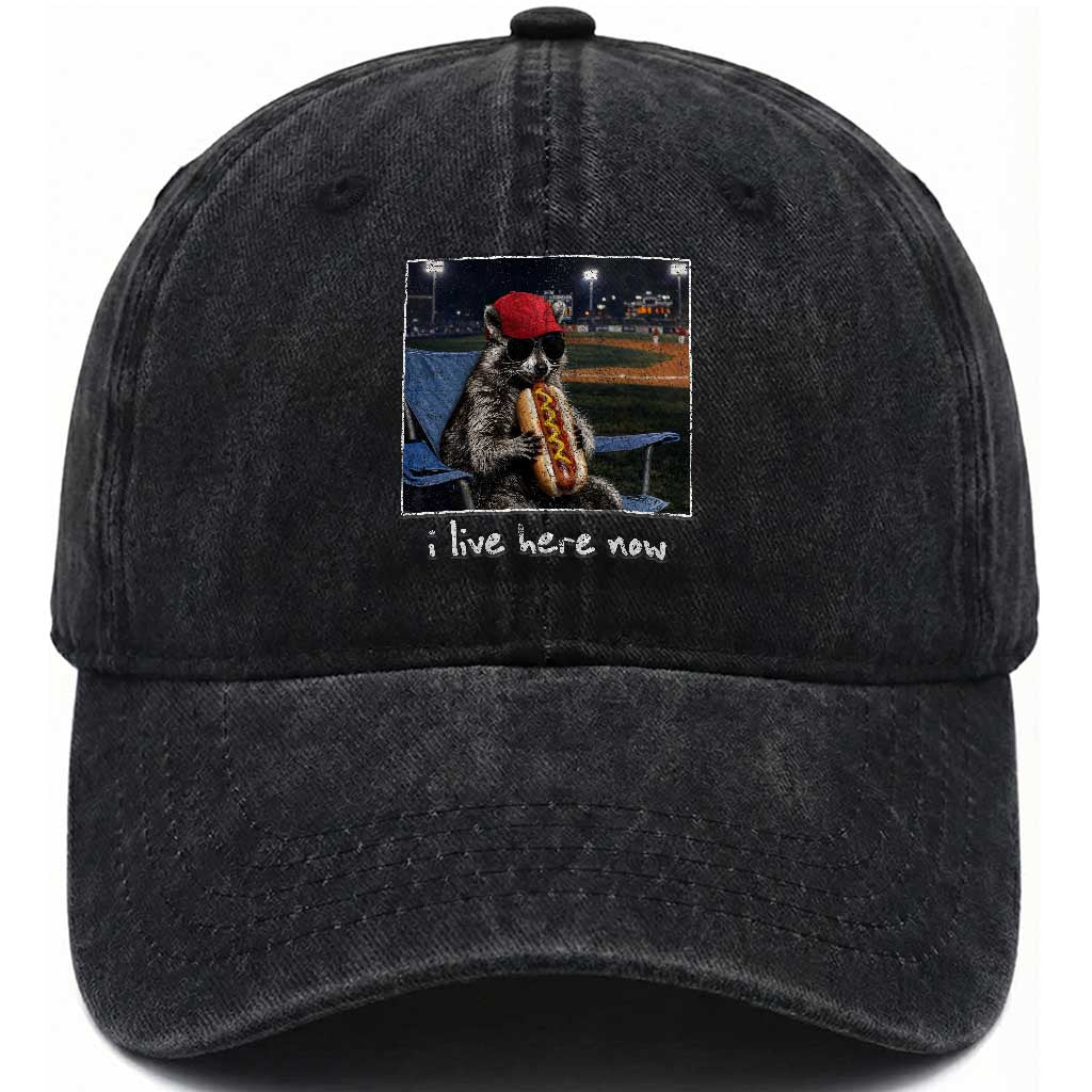 Baseball Raccoon I Live Here Now Washed Cotton Baseball Cap Funny Trash Panda Eating Hot Dog Ballfield TS11 Print Your Wear