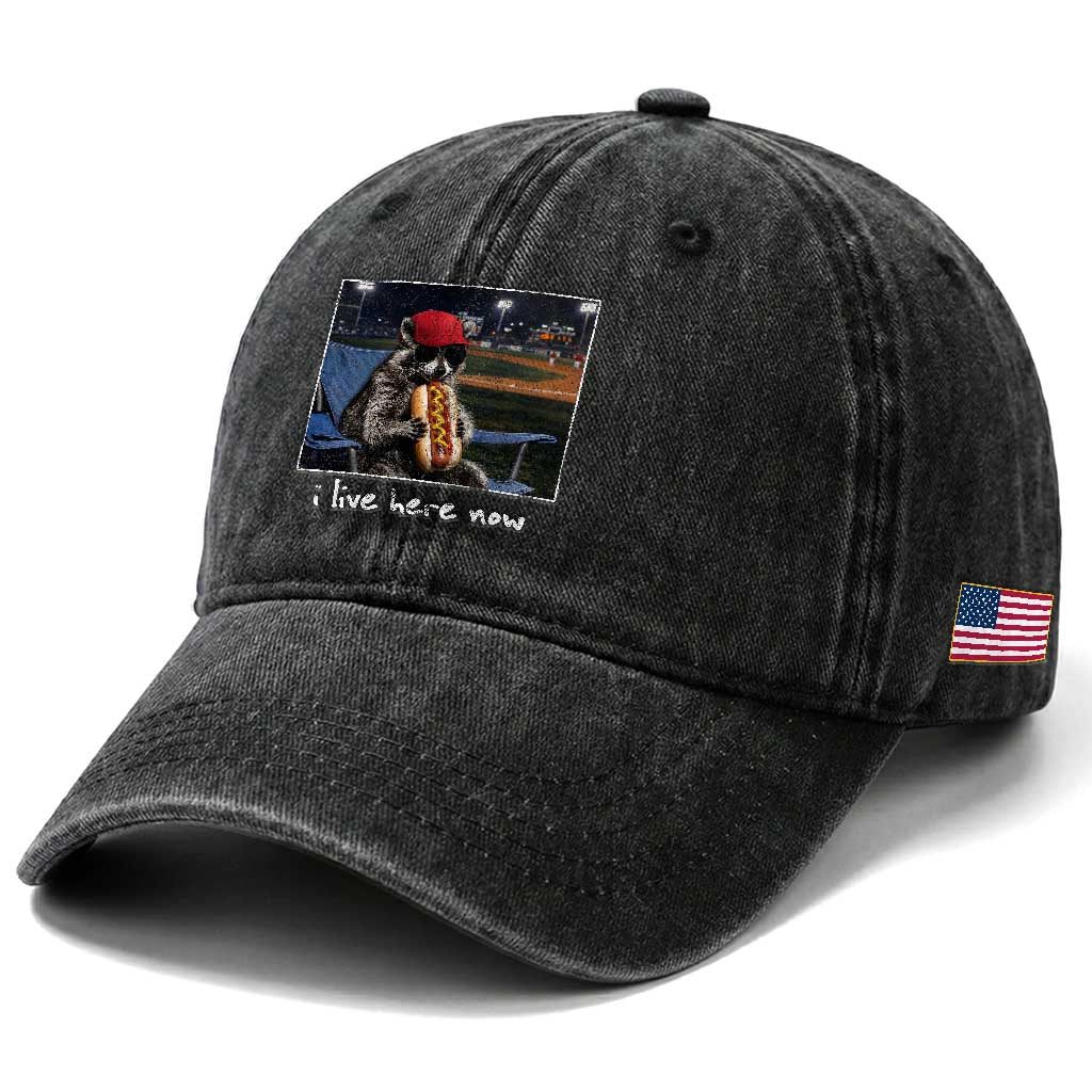 Baseball Raccoon I Live Here Now Washed Cotton Baseball Cap Funny Trash Panda Eating Hot Dog Ballfield TS11 Print Your Wear