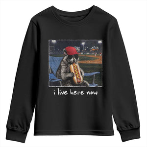 Baseball Raccoon I Live Here Now Youth Sweatshirt Funny Trash Panda Eating Hot Dog Ballfield TS11 Black Print Your Wear